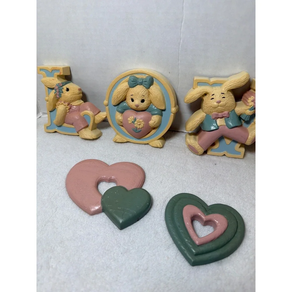 Vintage 1987 & 1982 Burwood Bunny Rabbit LOVE Wall Decor 6 Piece Set Made in USA